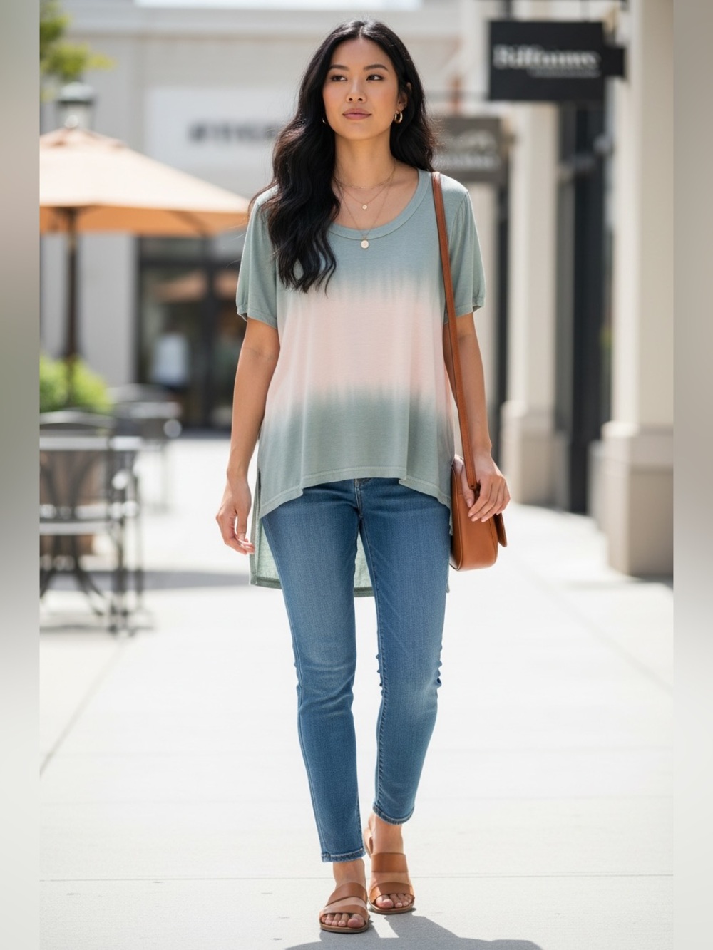 POL Sage Green Ombre Hi Low Tunic Top Short Sleeve Size Small